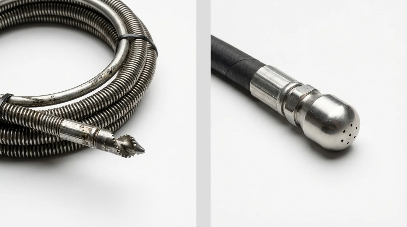 Drain snake cable and hydro jetting nozzle used for drain cleaning in North Las Vegas, NV