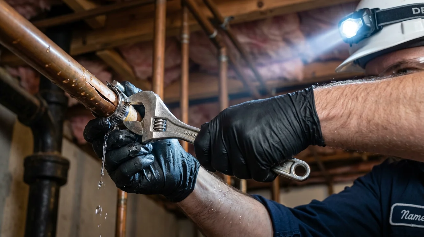 Emergency pipe clamp repair being performed by a Johns Plumbing LLC plumber in North Las Vegas