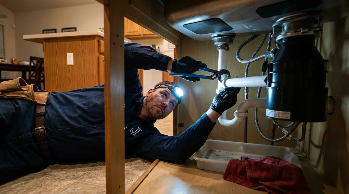 P-trap and supply line connections under a kitchen sink showing a common leak point in North Las Vegas, NV